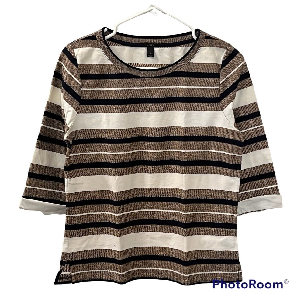 J. Crew Womens Brown White Stripped 3/4 Sleeve Blouse Crew Neck Top Size S
